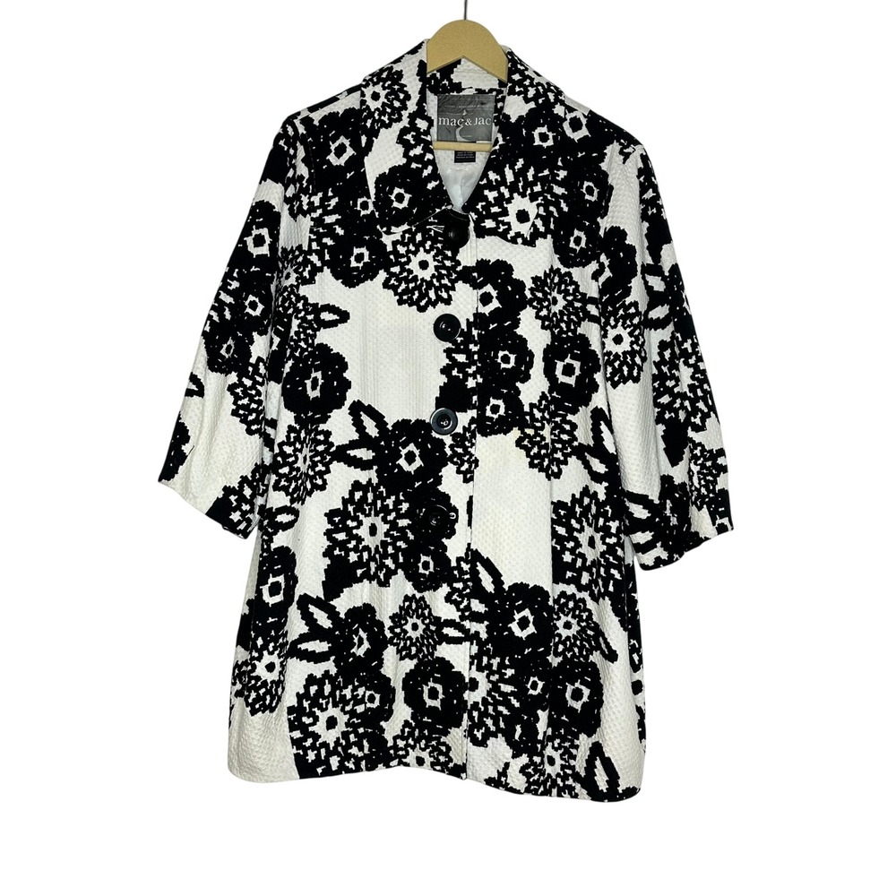 Mac & Jac Floral Button Up Coat Women 12 Black White Mod Car Jacket